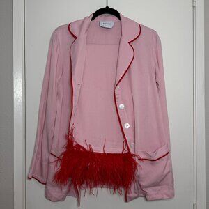 Sleeper Pink Red Ostrich Feather Trim Party Pajama | Size XS